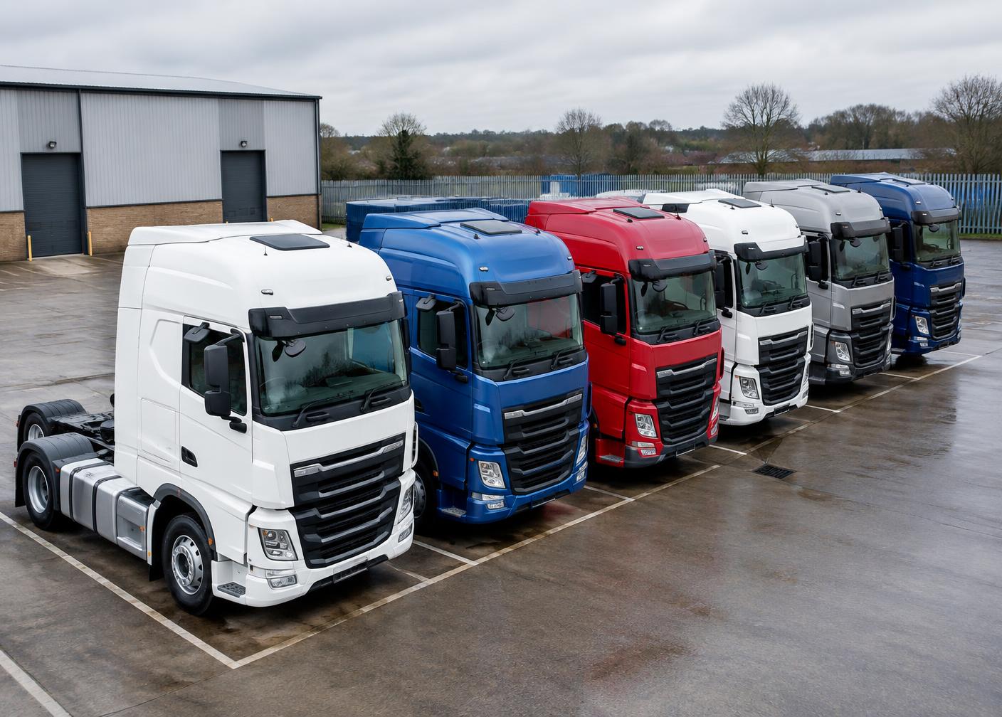 Row of tractor units parked at a UK haulage depot