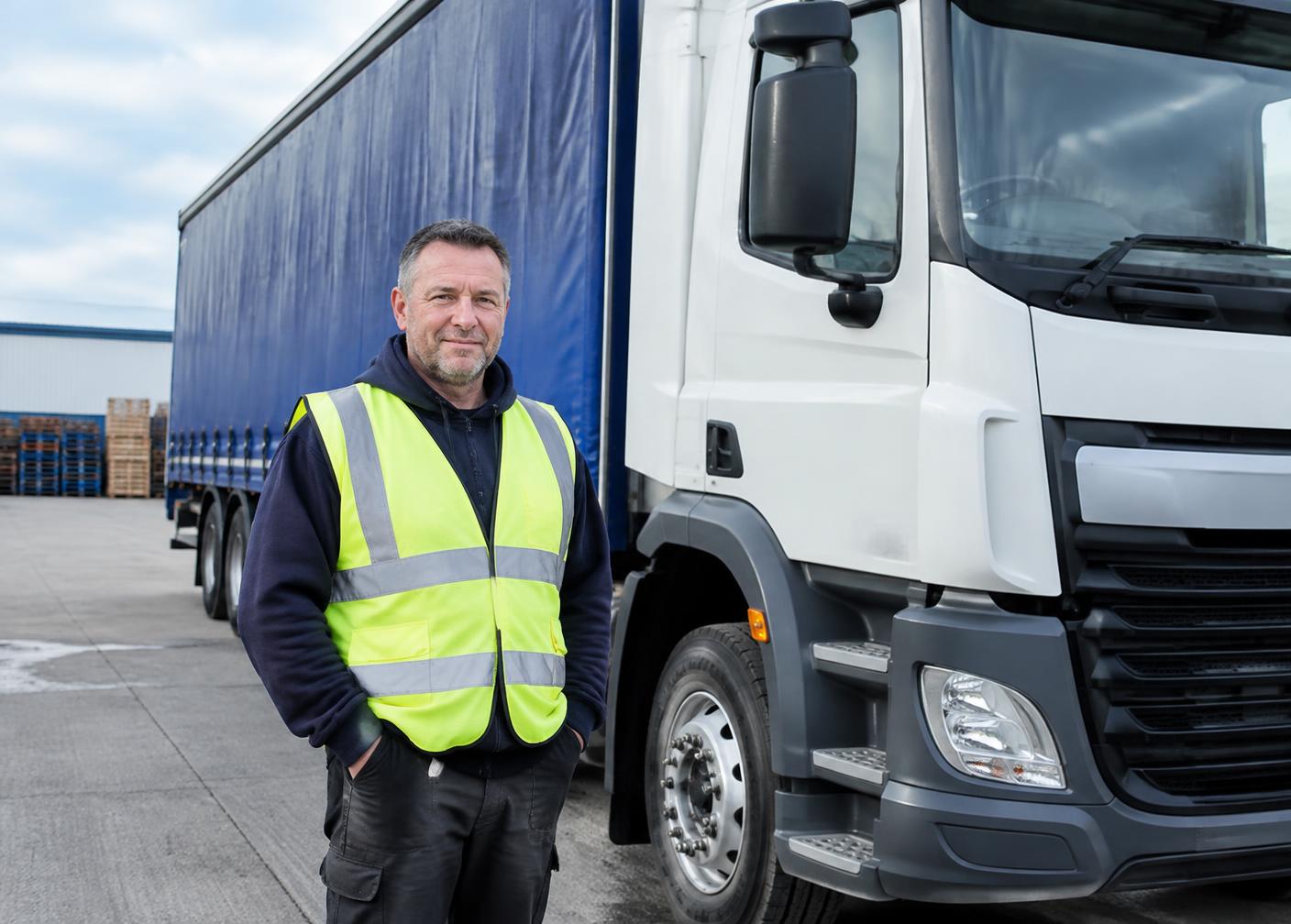 Owner-driver in hi-vis standing beside his rigid curtainsider
